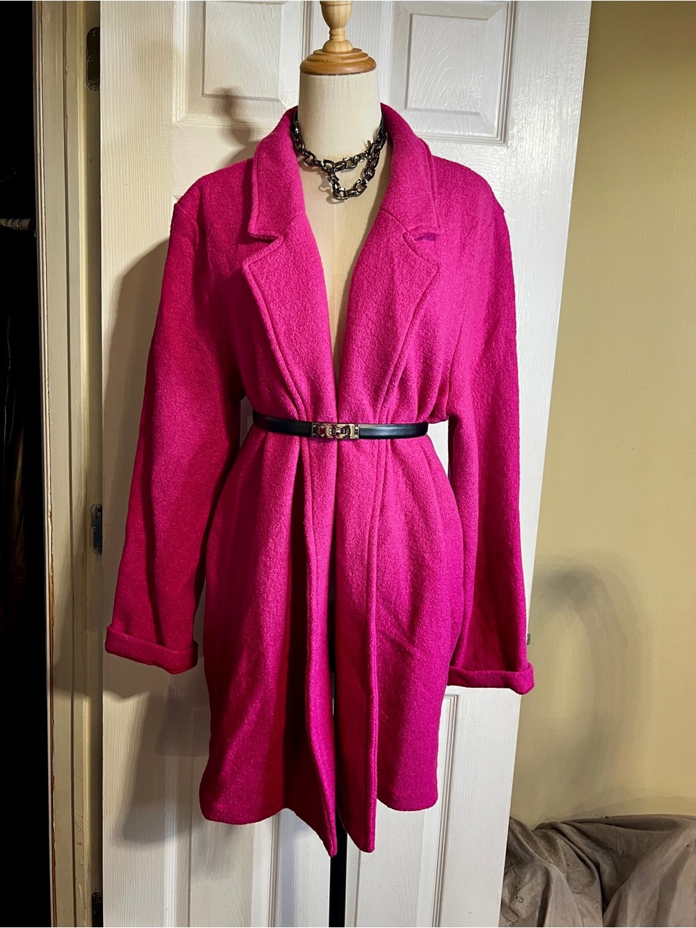 Rachel Zoe Wms Magenta Wool Boucle Shawl Neck Open Light Coat XL